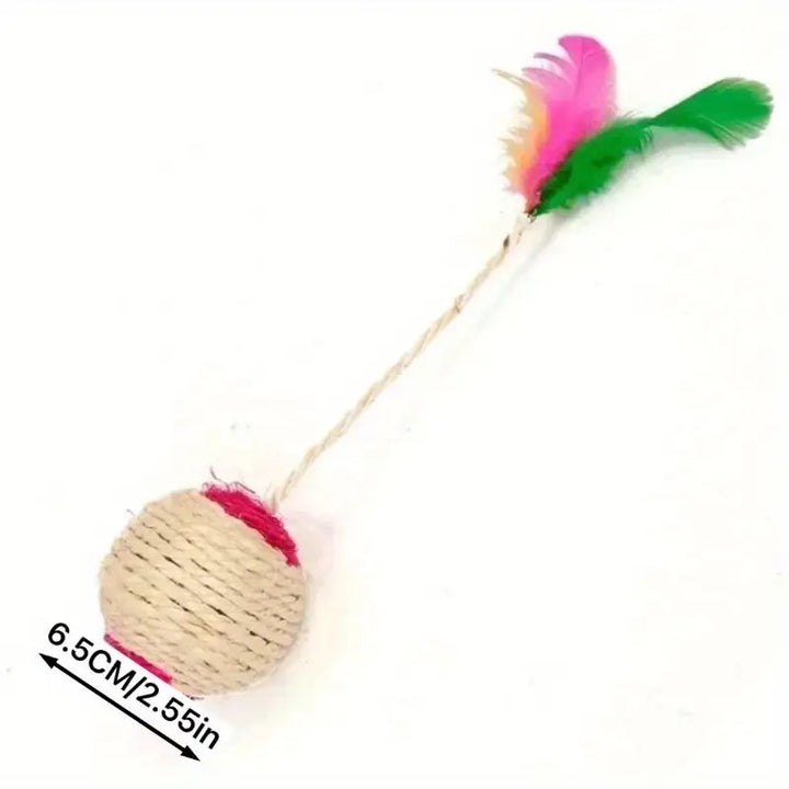 Durable sisal rope & feather cat play ball. Great for interactive pet enrichment & claw care.
