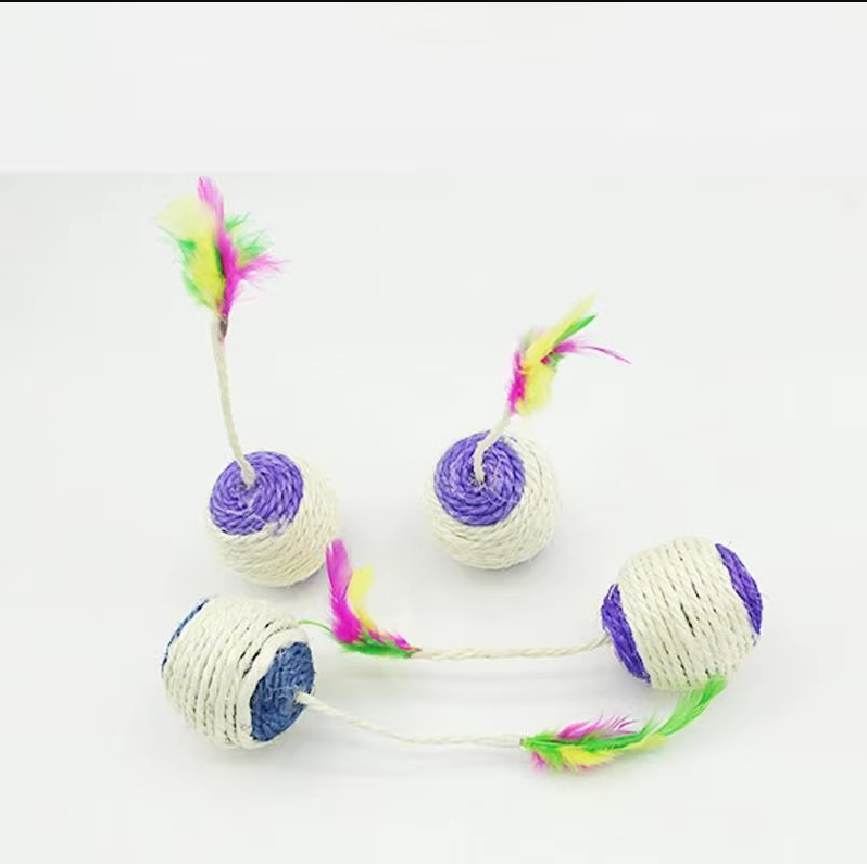 Playful cat toy: interactive feather ball with sisal rope for exciting feline activity.
