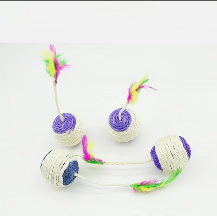 Playful cat toy: interactive feather ball with sisal rope for exciting feline activity.