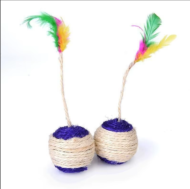Close-up of interactive cat ball, showing sisal rope texture & soft feather detail for cats.