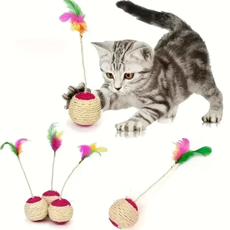 Colorful interactive cat ball featuring a real feather and sisal rope for active cat play & claw care.