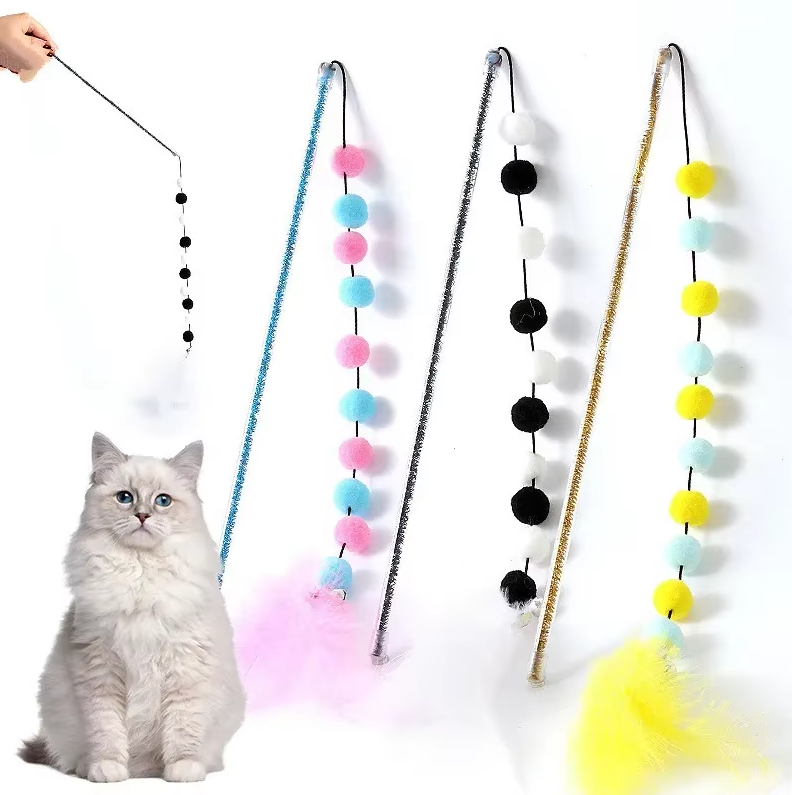 Interactive cat fishing rod toy with colorful feathers & pom-poms, perfect for pet play & exercise.