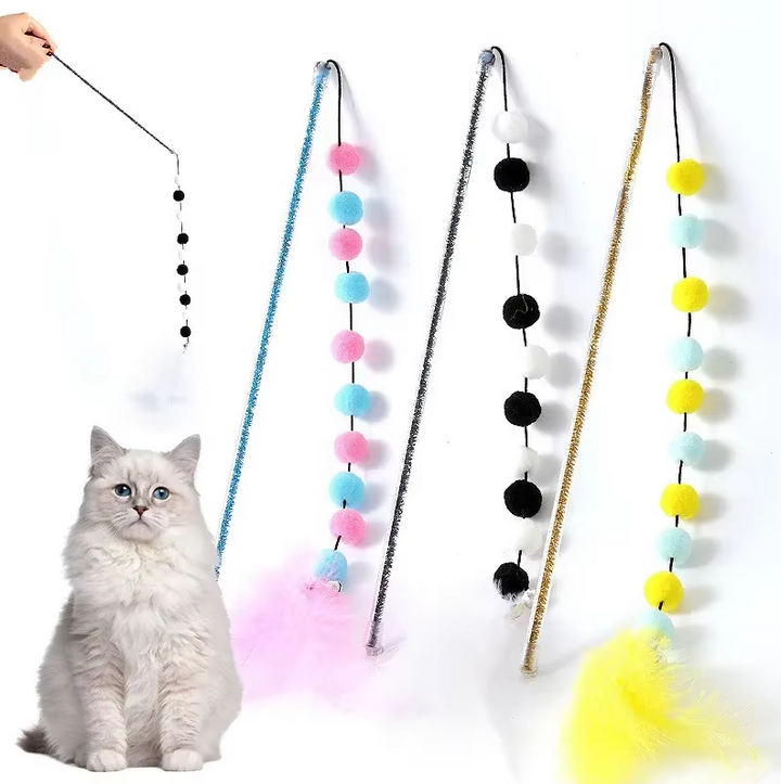 Interactive cat fishing rod toy with colorful feathers & pom-poms, perfect for pet play & exercise.