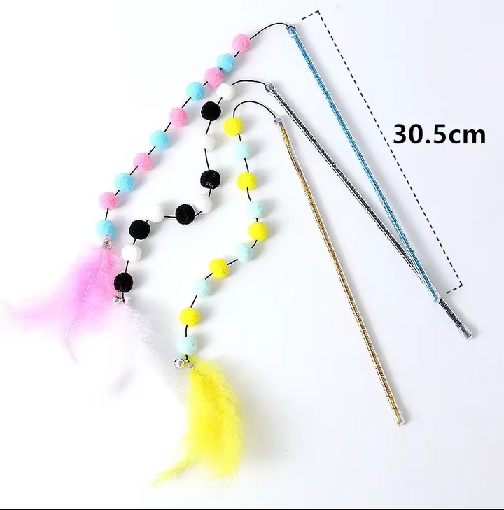 Durable cat fishing rod with vibrant feather lure for engaging interactive play & feline enrichment.