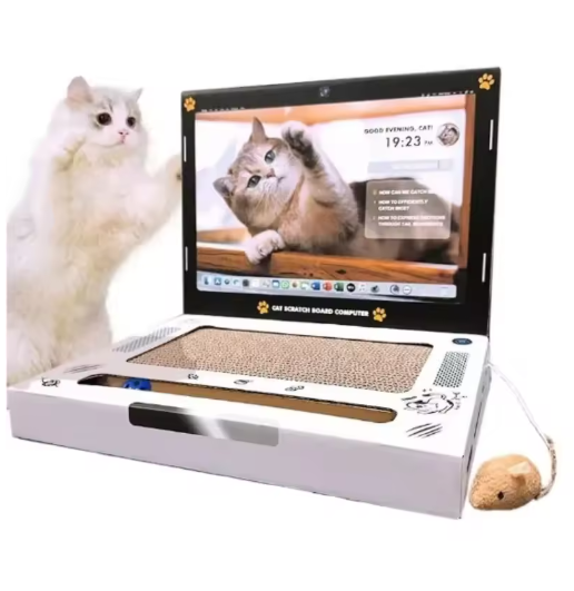 Interactive cat laptop scratcher toy for playful felines, protecting furniture and providing endless entertainment.