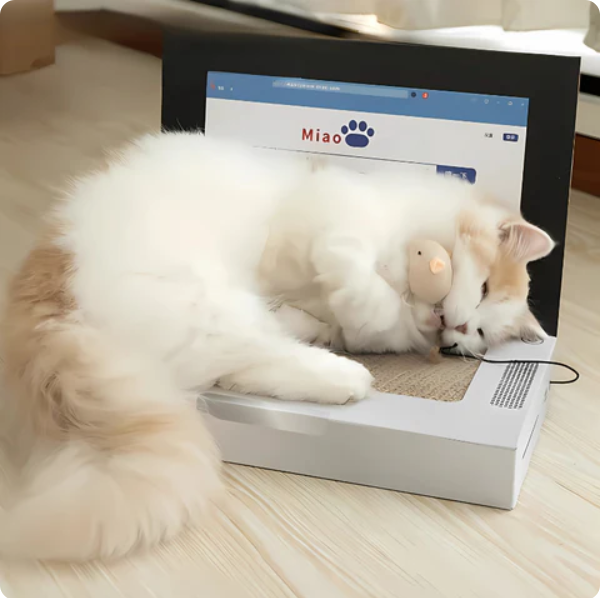 Cardboard cat laptop scratcher, an essential feline accessory for healthy paws & engaging play. Pet supplies.