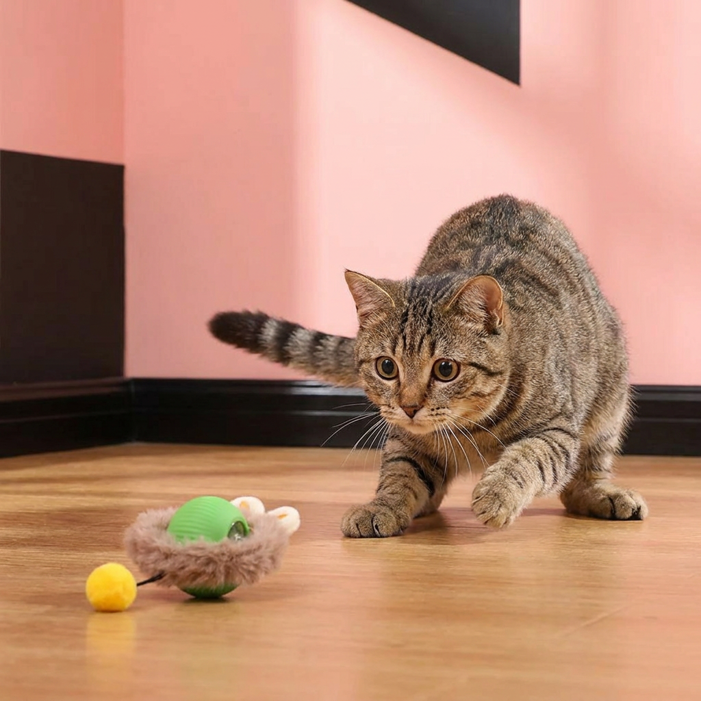 Interactive cat play ball with feathery tail for active feline fun & exercise. Durable pet toy.