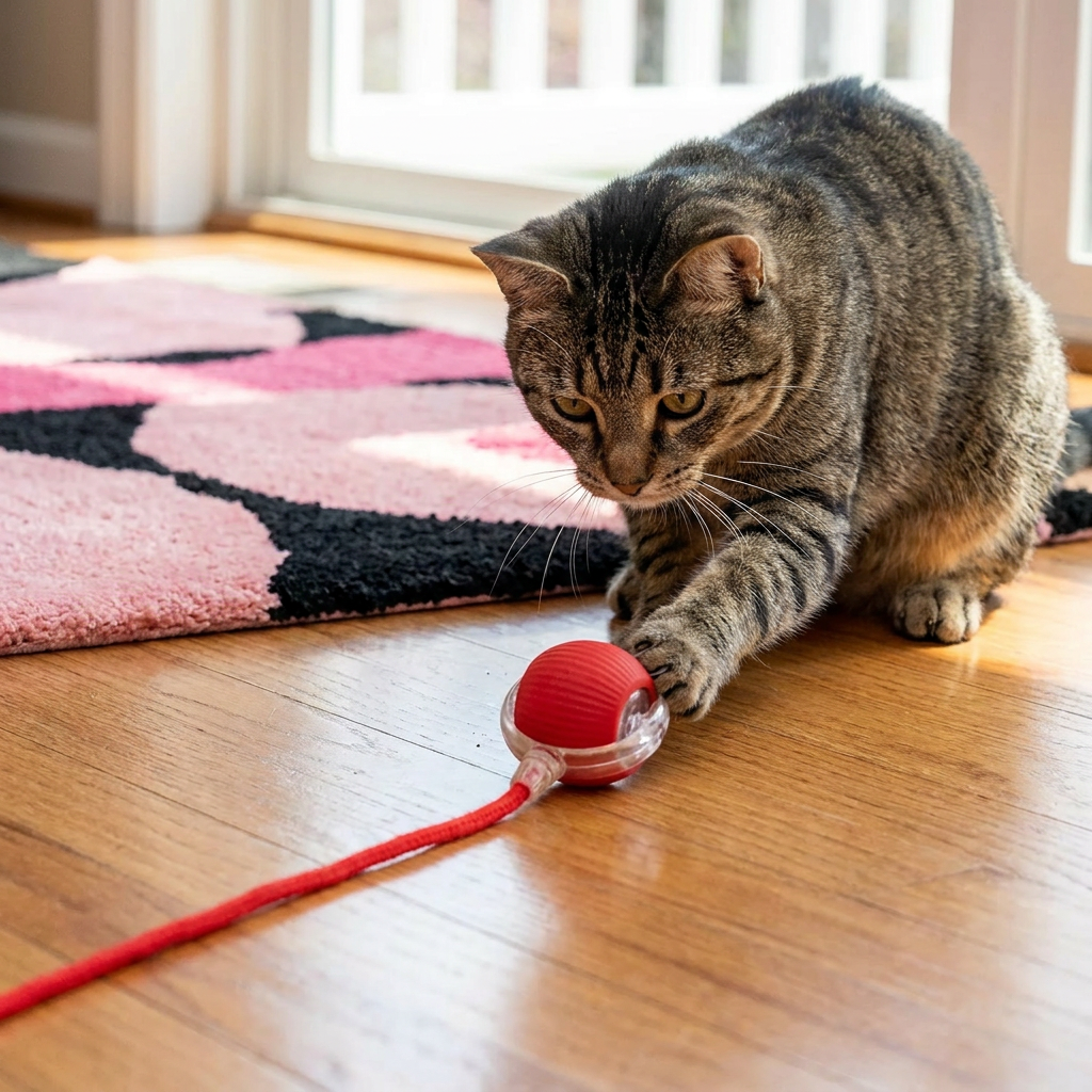 Bright cat toy ball with a lively tail, perfect for interactive play, exercise, and stimulating active pets.