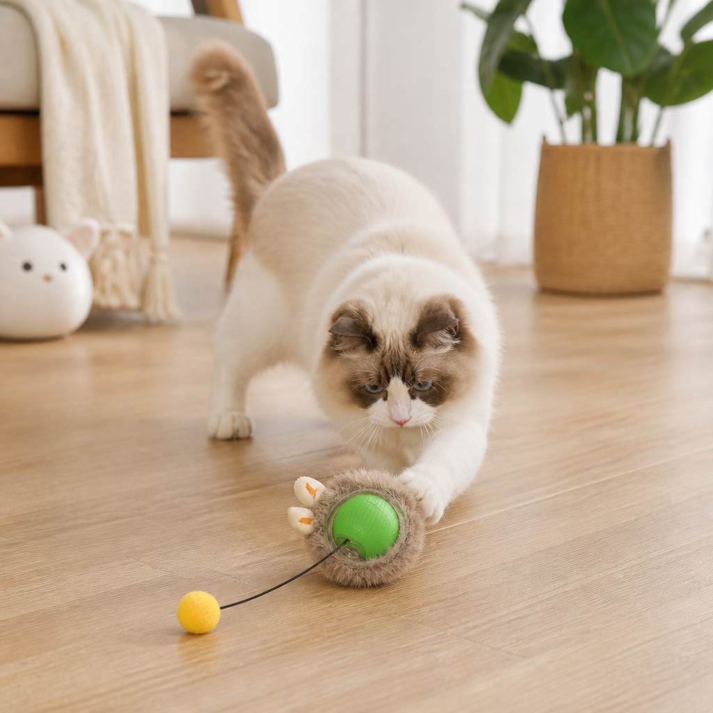 High-quality interactive cat play ball with tail, ensuring durable fun and exercise for all active cats.