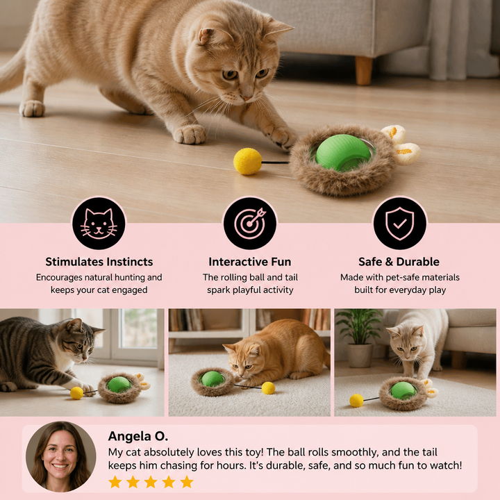 Cat play ball with a realistic tail, designed for active cats and stimulating natural hunting fun.