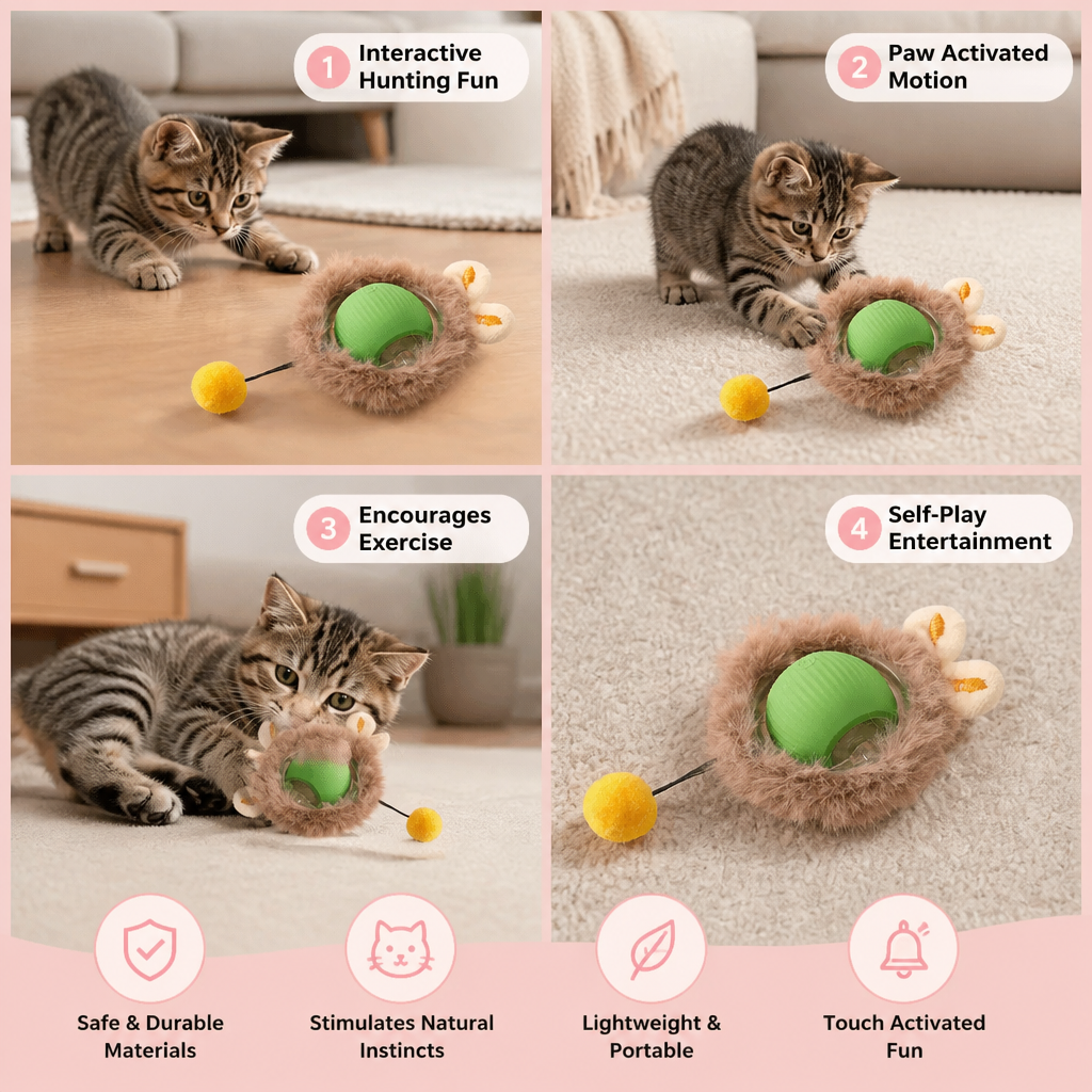 Durable interactive cat toy: a rolling ball with tail, promoting exercise and endless feline fun.
