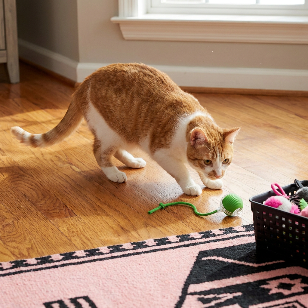 Vibrant interactive cat play ball with tail, ideal for engaging active pets & promoting healthy exercise.