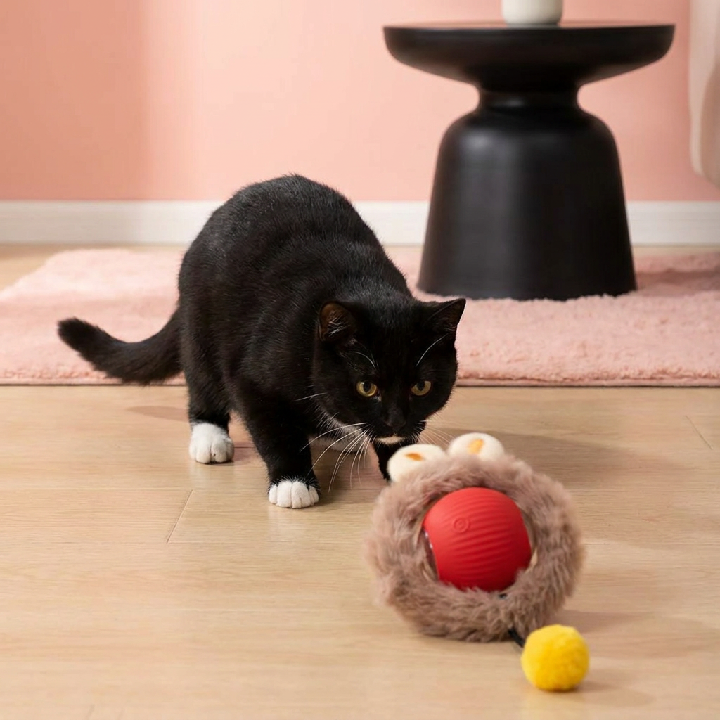 Cat chasing an interactive play ball with tail, enjoying stimulating exercise and pet play.