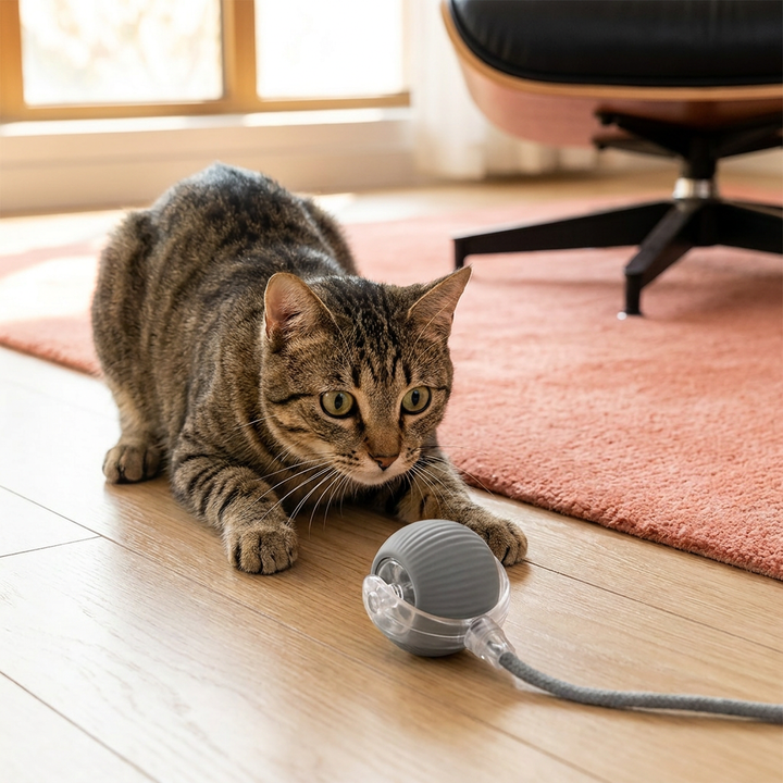 Feathered interactive cat ball, an automatic toy designed to satisfy feline hunting instincts and provide fun.