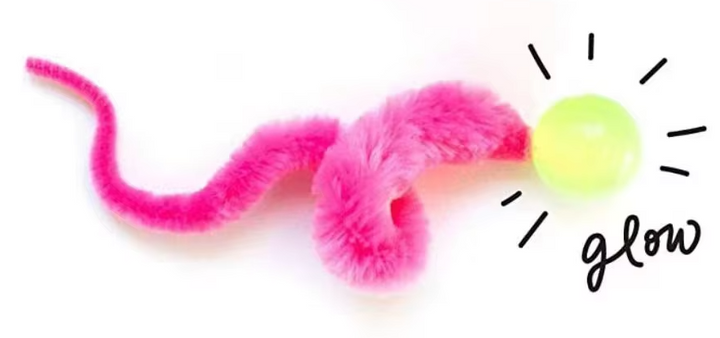 Bright interactive plush cat toy featuring a wiggling tail and attached ball for playful pouncing.