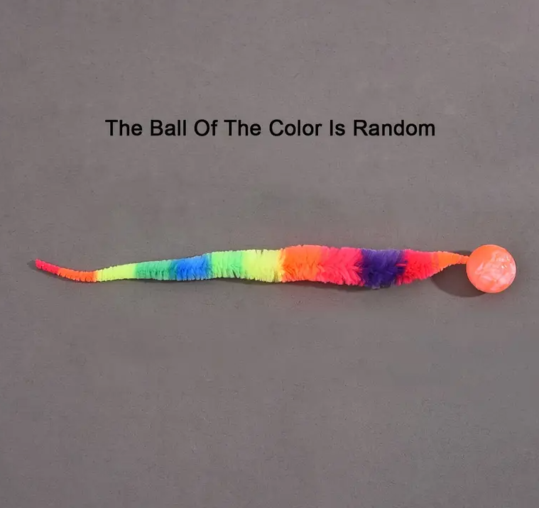Colorful interactive cat toy, soft plush with wiggle tail & attached ball for playful felines.