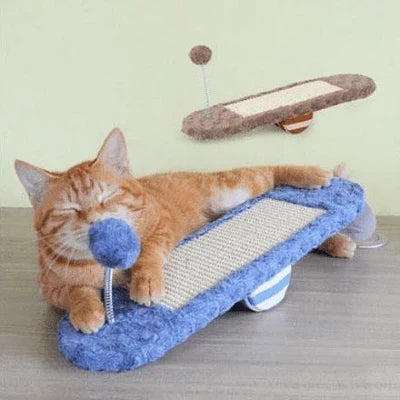 Multi-functional cat scratcher & rocker with an engaging toy, providing feline enrichment and a comfy pet furniture piece.