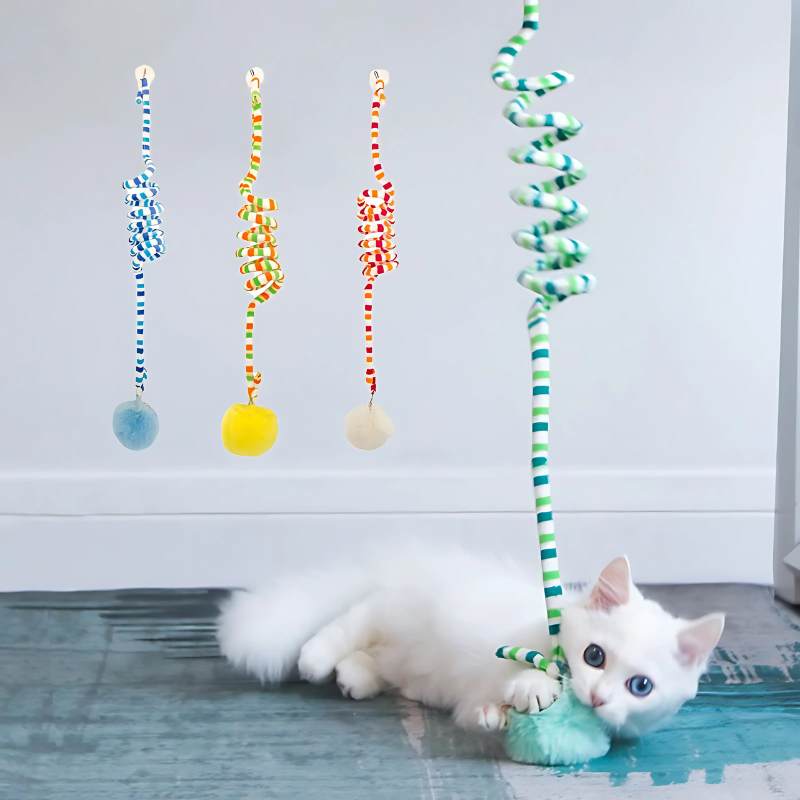 Interactive Cat's BounceWhisk spiral hanging toy for active feline play. Durable, colorful, and engaging cat toy.