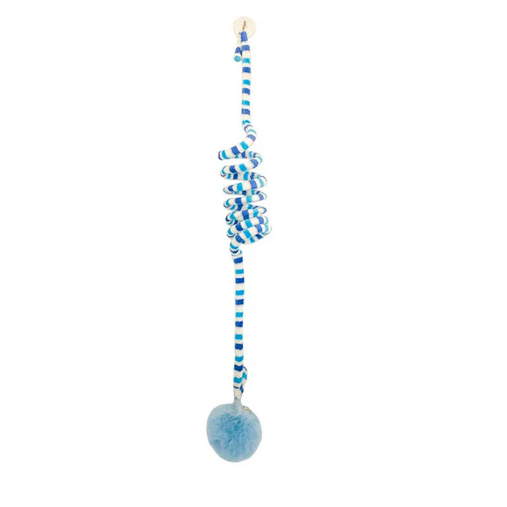 Colorful spiral hanging cat toy, the Cat's BounceWhisk, features a bell for interactive and stimulating active play.
