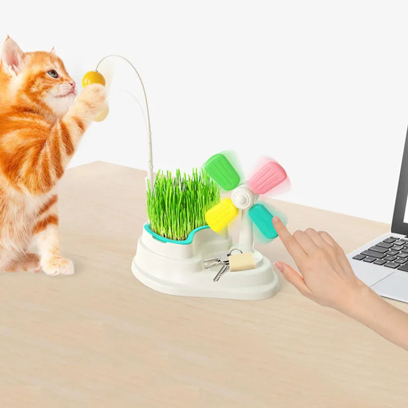 Colorful interactive windmill cat toy provides mental enrichment & physical fun for playful felines.