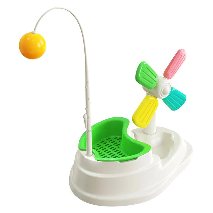 Feline enrichment windmill toy for mental focus, physical activity, and reducing boredom in playful cats.