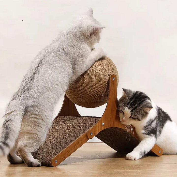 Interactive cat scratcher with sisal post & wooden base for play & furniture protection; promotes claw health.