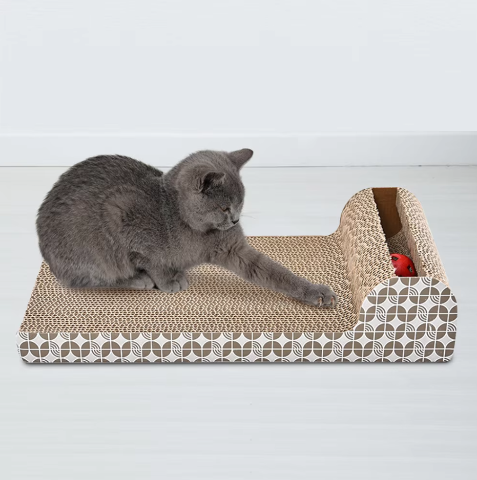 Interactive cat scratching board with attached toy for feline playtime; protects furniture.