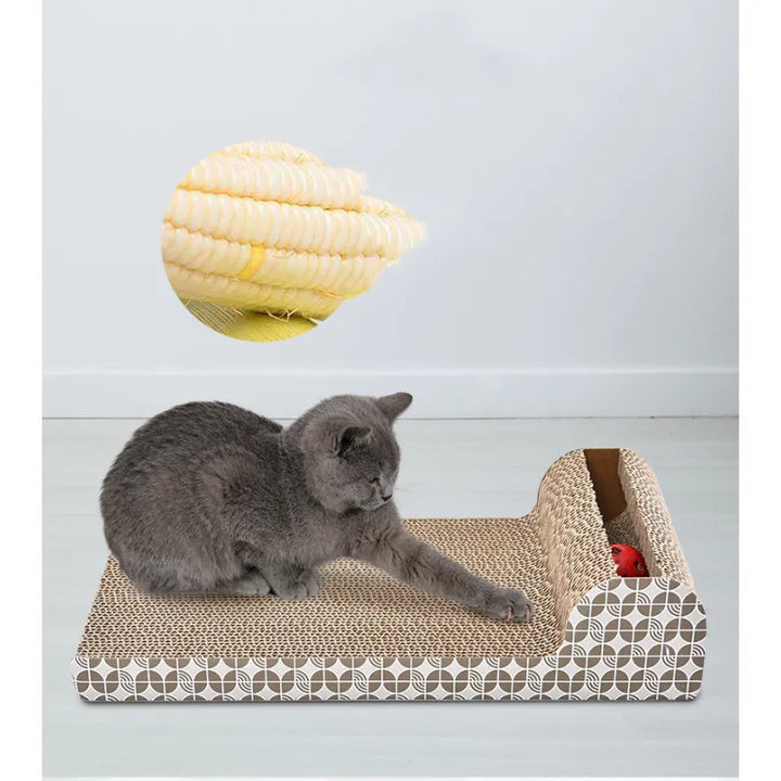 Feline interactive scratch board with built-in toy, an engaging pet furniture protector for active cats.