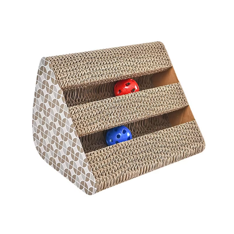 Pet scratcher board with attached toy, an essential interactive feline accessory for playtime and furniture protection.