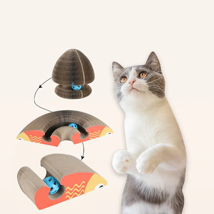 Interactive cat scratching toy tower for playful paws, durable corrugated cardboard for claw care.