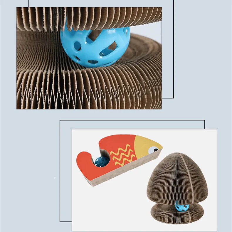 Multi-tier interactive cat toy and scratcher tower, made from corrugated cardboard for endless fun.
