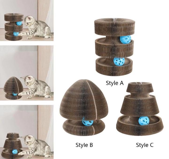 Multi-level cat scratcher tower, an interactive cat toy promoting healthy claws & kitten play.