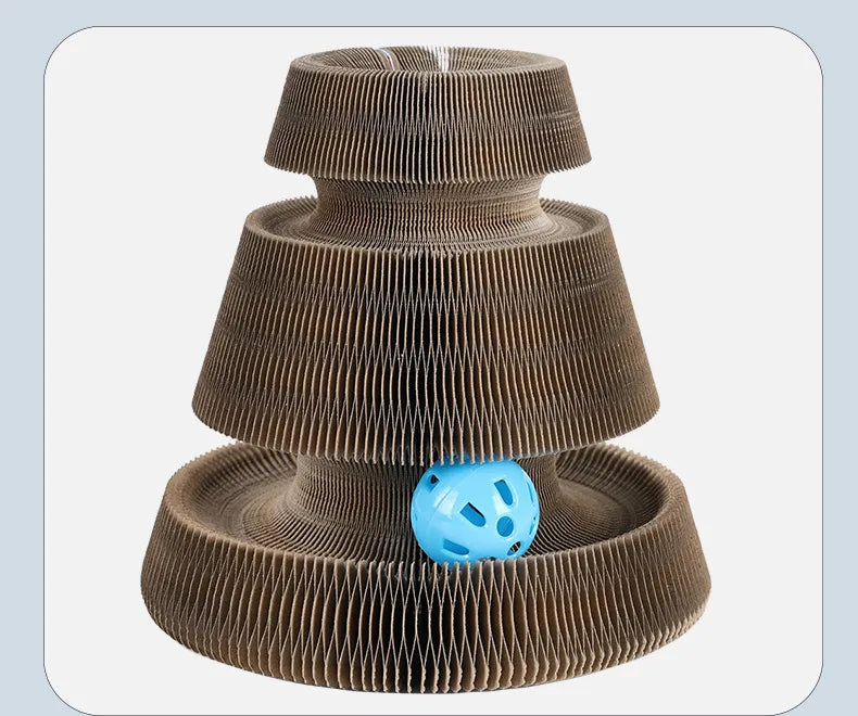 Corrugated cardboard cat scratcher and interactive toy tower for active cats & kittens.