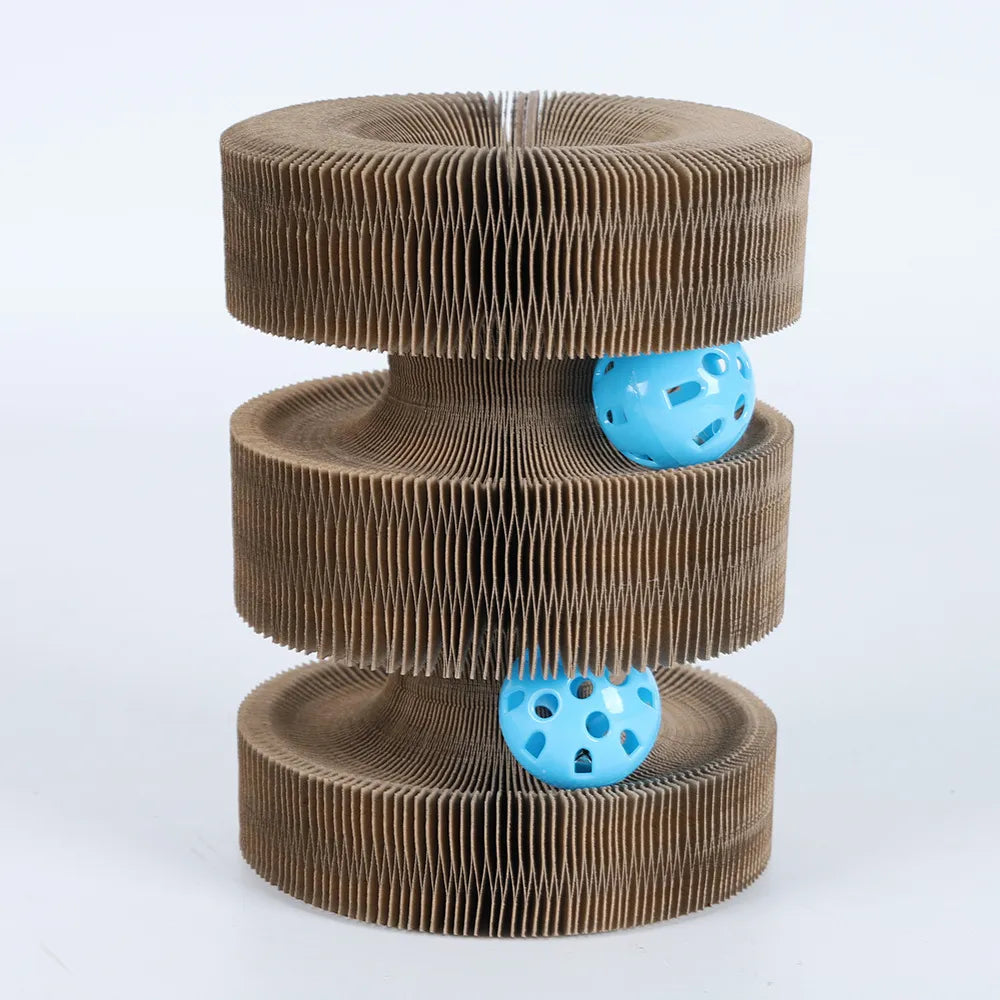 Cat accessory: interactive scratching tower, a fun corrugated cardboard cat toy for pet entertainment.
