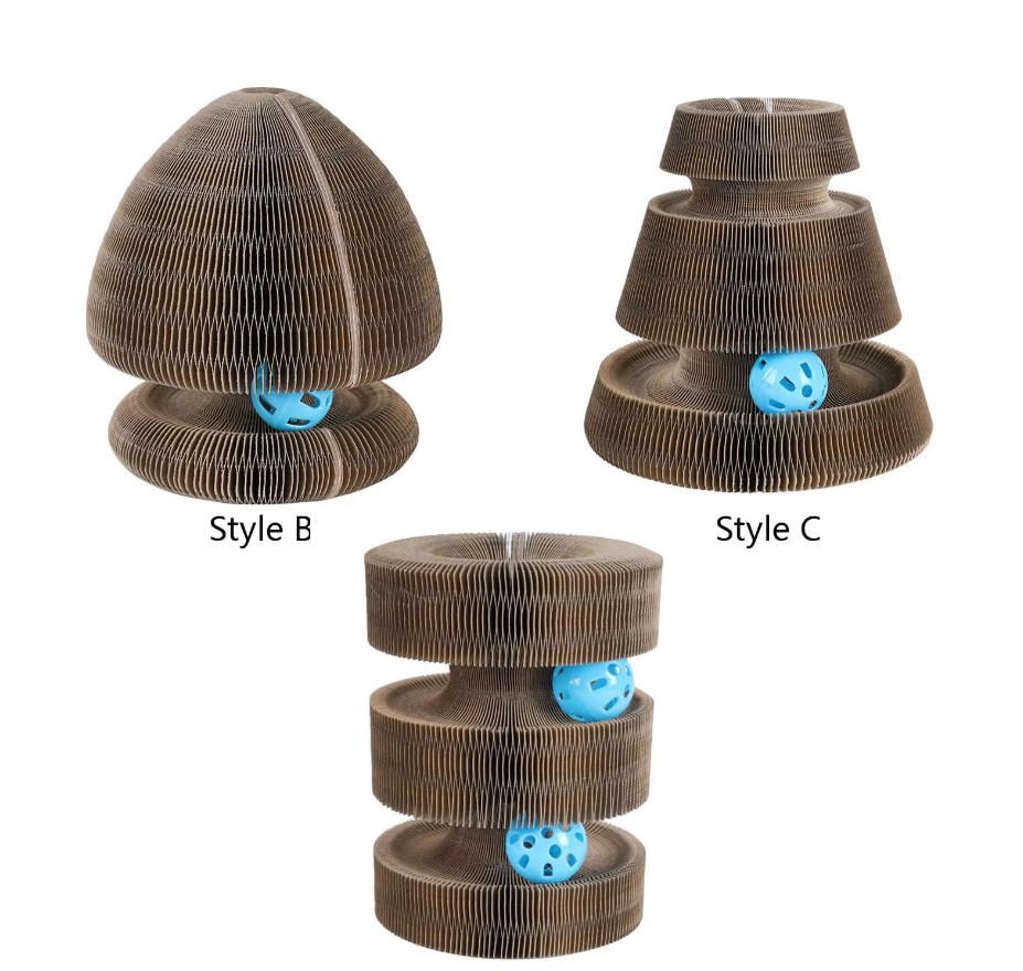 Playful interactive cat toy tower with corrugated cardboard scratching surfaces for happy paws.