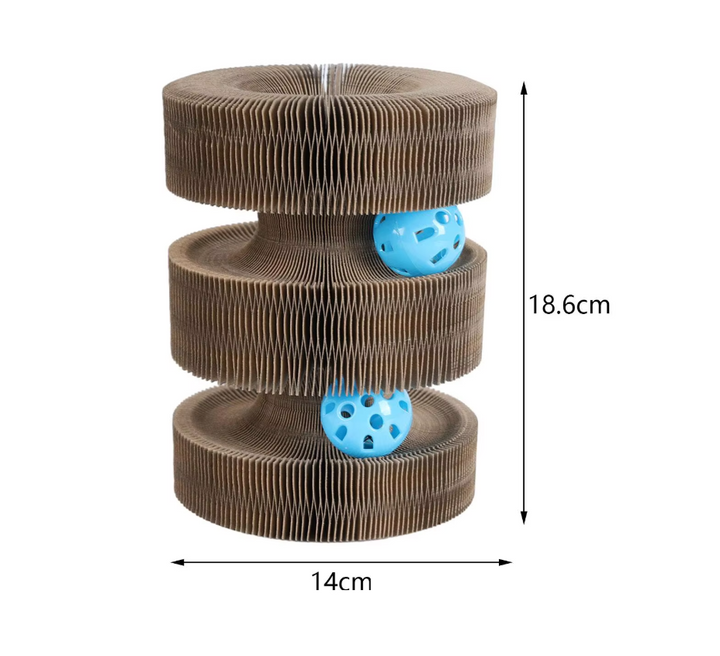 Modern cat accessory: interactive scratching tower, a corrugated cardboard cat toy for all playful cats.