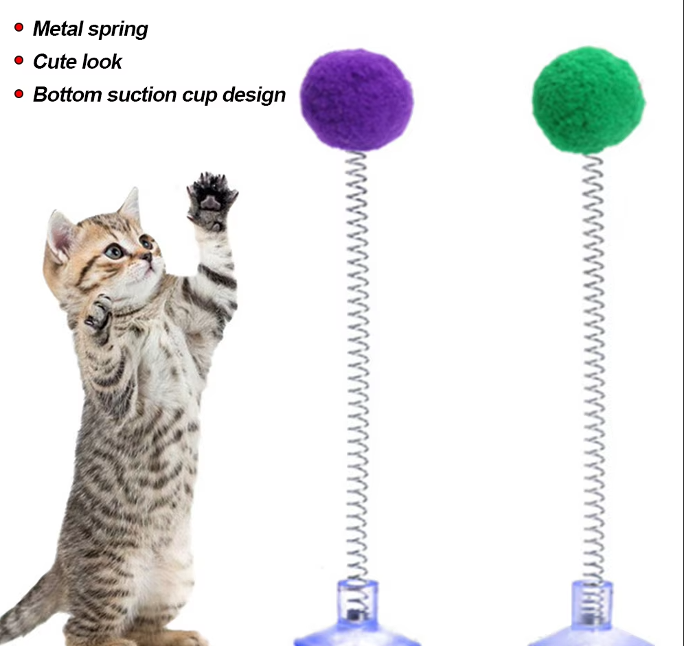 Engaging spring cat toy with a shuttlecock & pompom, encouraging exercise & enrichment for indoor cats.