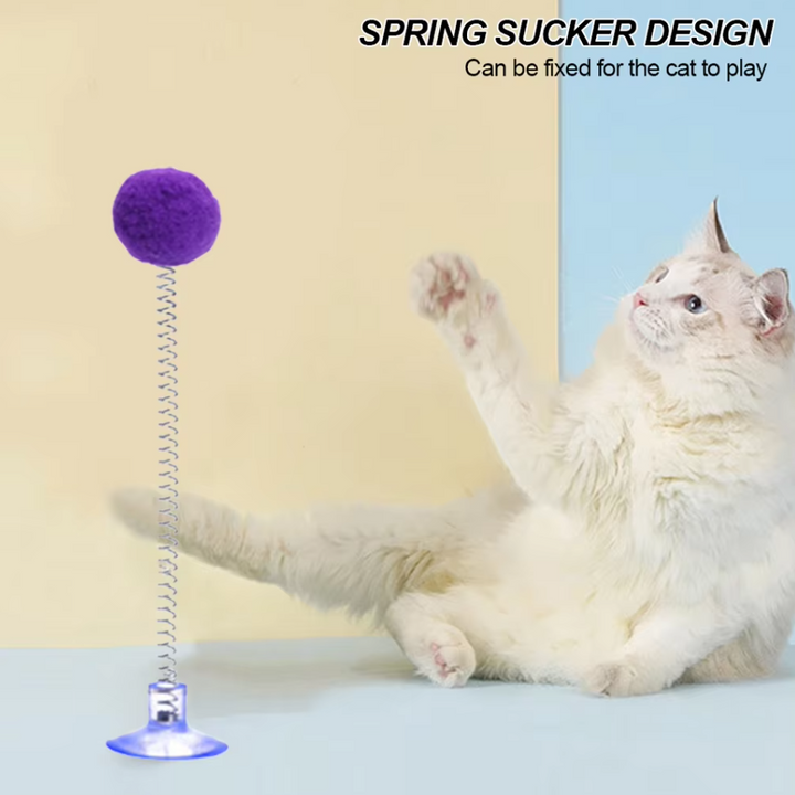 Colorful shuttlecock & pompom cat toy on a flexible spring with a sturdy suction cup for active play.