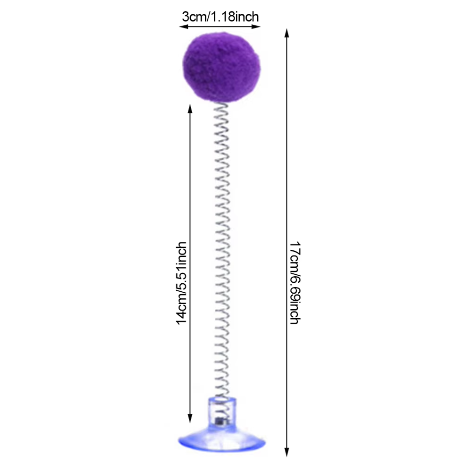 Interactive cat toy featuring a shuttlecock, pompom & spring on a suction cup for pet enrichment.