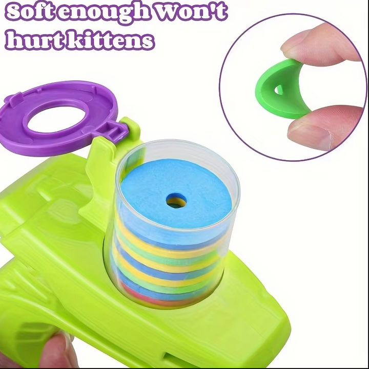 Pet owner throwing interactive disc cat toy for their feline. Boosts playtime, bonding & cat enrichment.