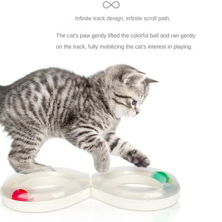 Close-up of interactive cat ball track toy, designed as an infinity loop for engaging feline play and activity.