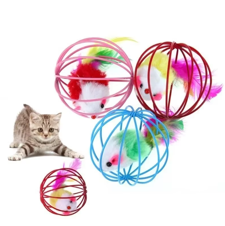 Interactive cat toy: mouse in cage with feather tail. Perfect for indoor cat playtime & exercise.