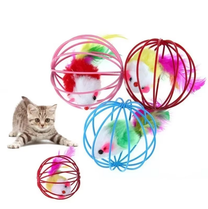Interactive cat toy: mouse in cage with feather tail. Perfect for indoor cat playtime & exercise.