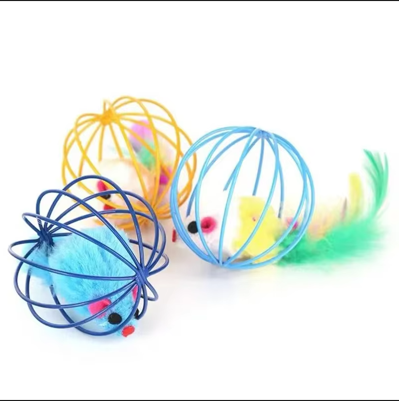Premium interactive cat toy: mouse in cage with feather. Perfect for stimulating indoor cat playtime.