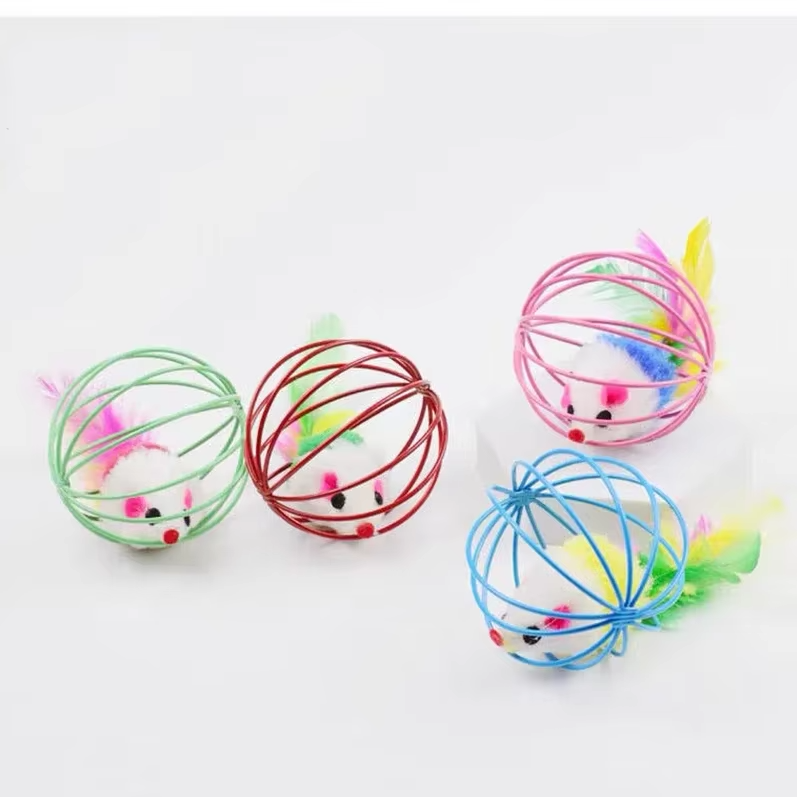 Mental stimulation cat toy: mouse in cage, feather tail. Encourages hunting & exercise for all cats.