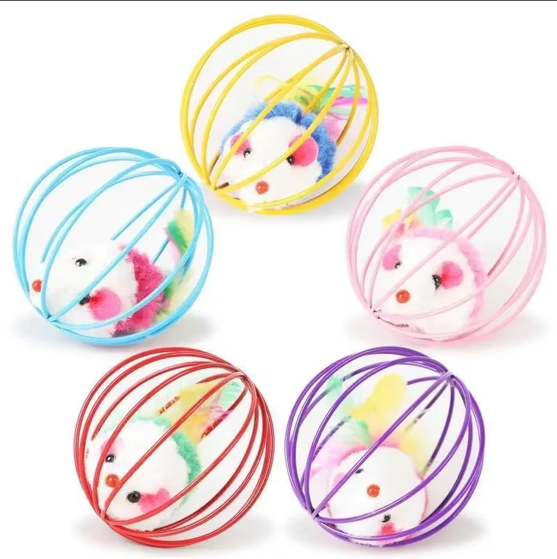 Engaging feather mouse cat toy in a cage. Provides interactive fun & exercise for indoor cats & kittens.