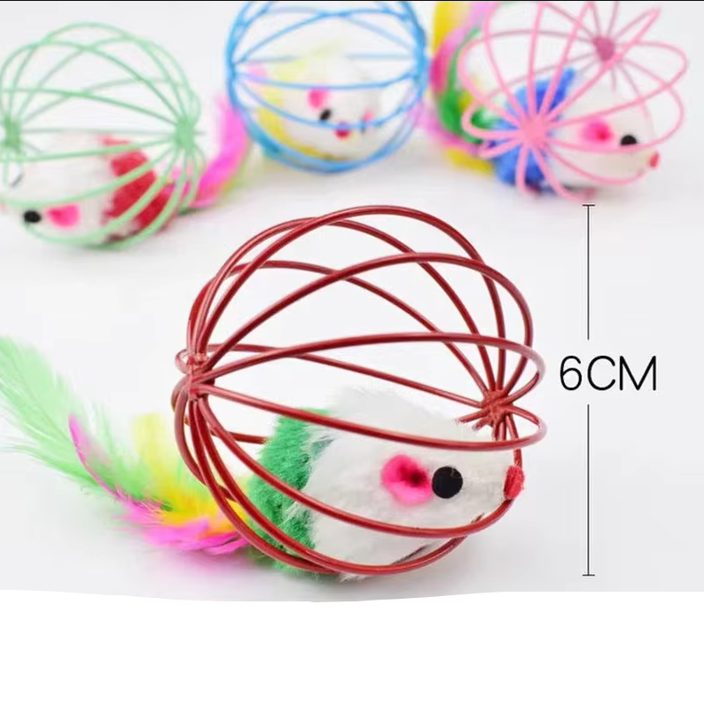 Cat toy mouse in a cage with feather tail. An interactive pet supply for stimulating playtime & exercise.