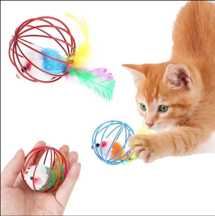Mouse in a cage cat toy with a long feather tail, ideal for interactive fun & kitten stimulation.