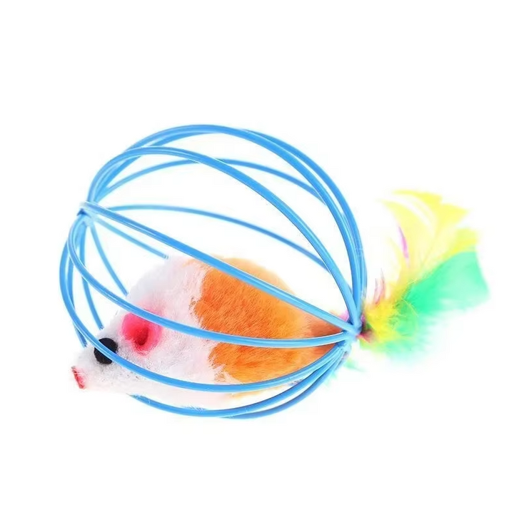 Durable interactive cat toy: mouse in cage with feather. Enhances indoor cat exercise & mental health.