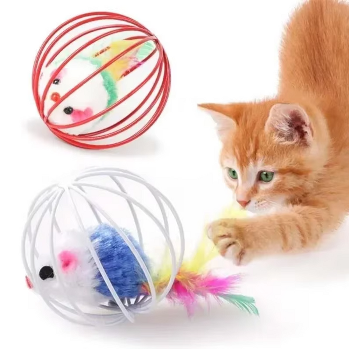Feather tail mouse toy in a cage, designed for interactive cat play. Great pet supply for active kittens.